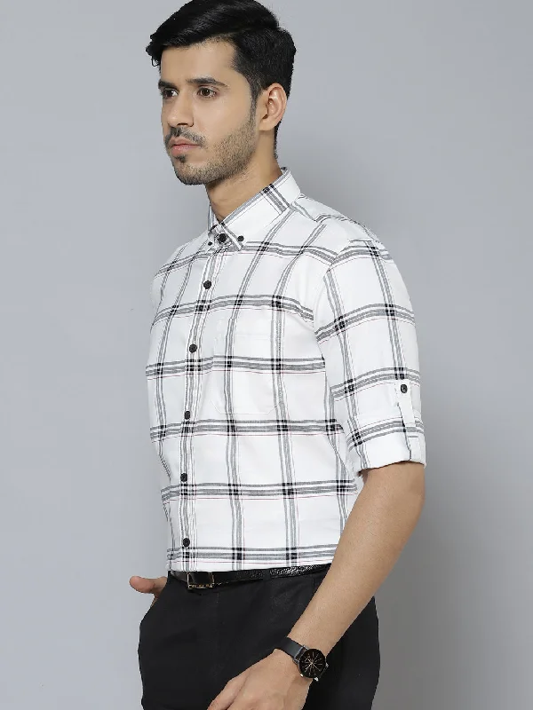 Men White  Black Smart Slim Fit Checked Cotton Formal Shirt