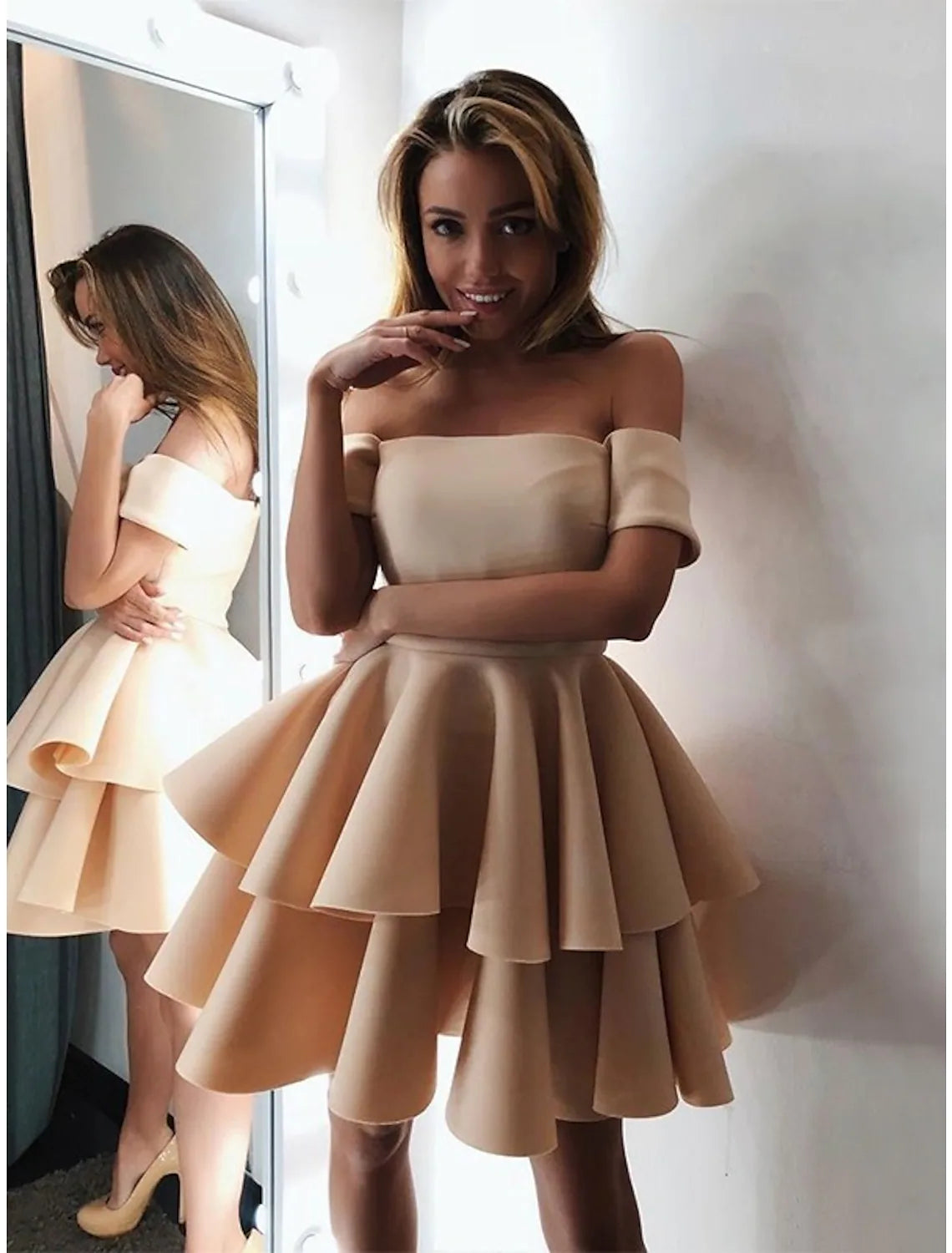 A-Line Cocktail Dresses Engagement Knee Length Short Sleeve Off Shoulder Satin with Tiered A-Line Cocktail Dresses Engagement Knee Length Short Sleeve Off Shoulder Satin with Tiered