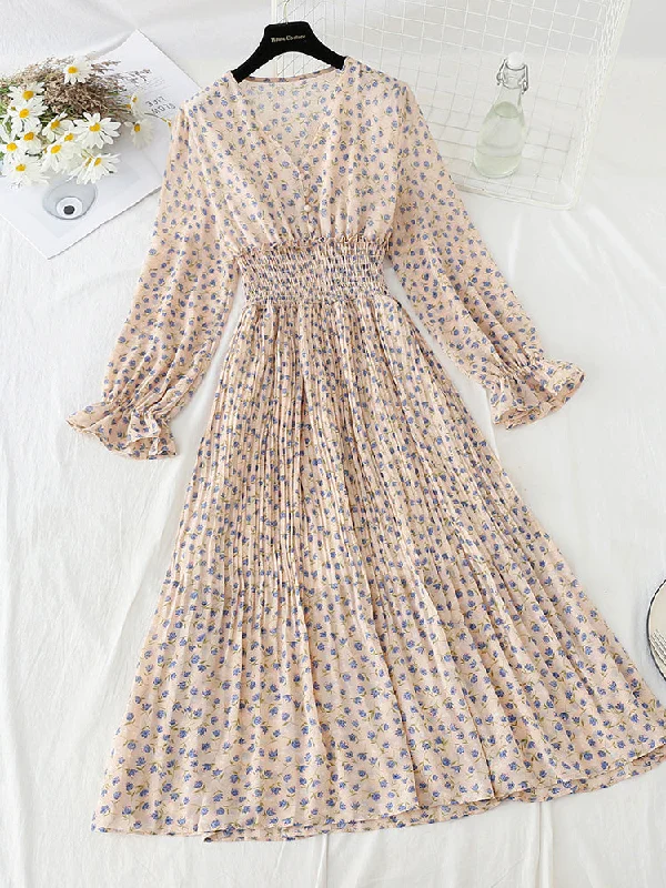 V-neck floral dress knee length skirt pleated skirt  4791