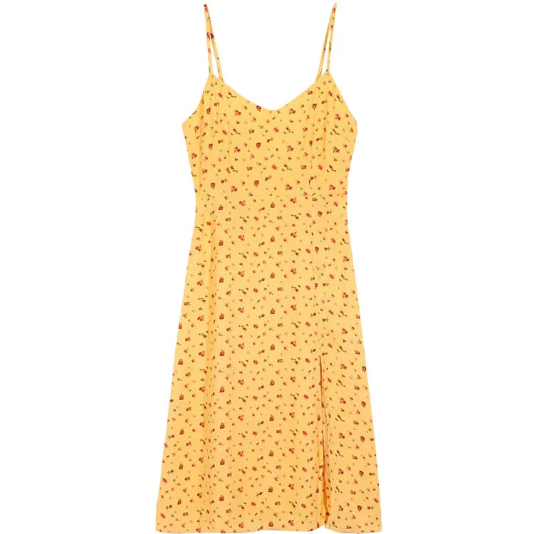 Gentle wind floral suspender dress over knee split skirt  7097