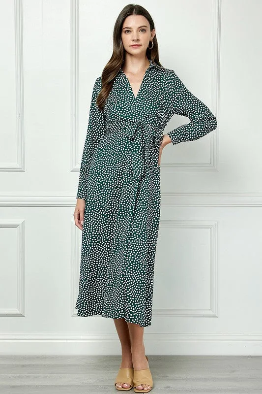 HUNTER GREEN POLKADOT LONG SLEEVES SELF-TIE WAIST MIDI DRESS AVM51175WK