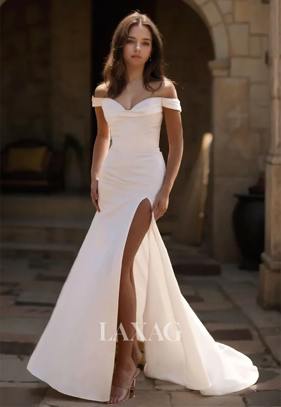 Sweethesart Sleeveless Mermaid Wedding Dress Off-Shoulder Pleated High Slit Bride Gowns Sweethesart Sleeveless Mermaid Wedding Dress Off-Shoulder Pleated High Slit Bride Gowns