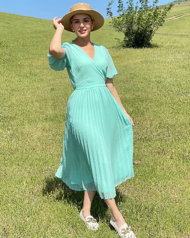 MEROKEETY Wrap V Neck Short Sleeve Pleated Maxi Dress