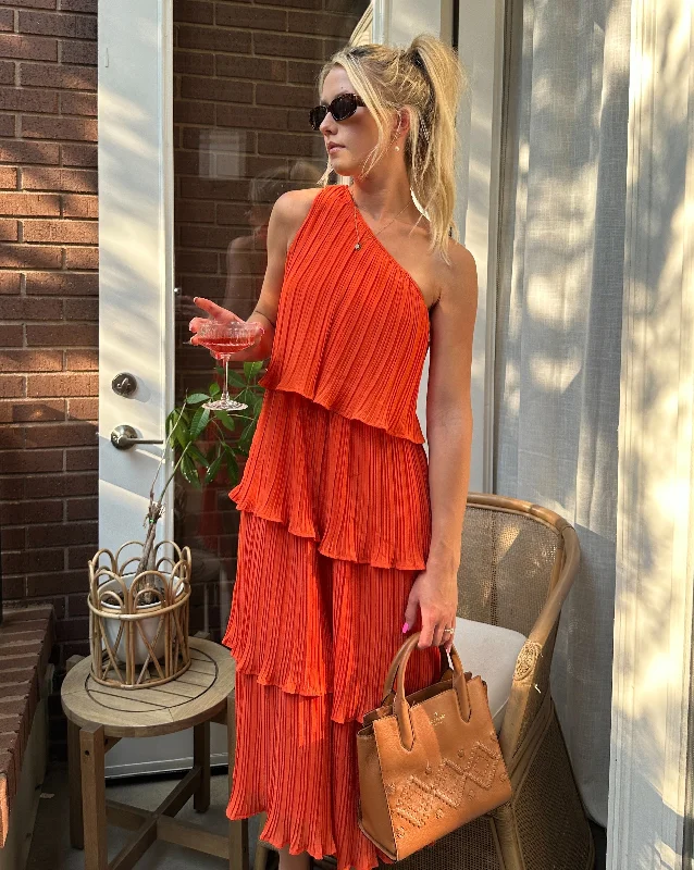 MEROKEETY One Shoulder Sleeveless Pleated Tiered Maxi Dress