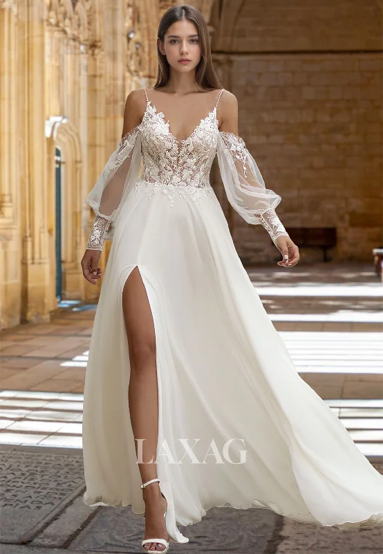 Spaghetti Straps V-Neck Off-Shoulder Bride Gowns Tulle Long-Sleeves Applique A-Line Wedding Dress