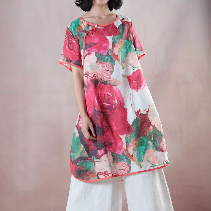 vintage red Midi-length linen t shirt Loose fitting shirts boutique half sleeve print O neck Chinese Button linen blouses vintage red Midi-length linen t shirt Loose fitting shirts boutique half sleeve print O neck Chinese Button linen blouses