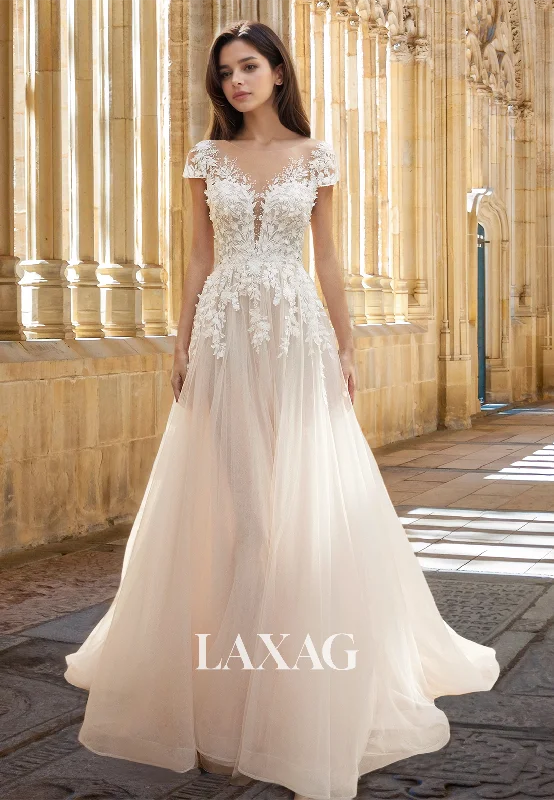 Scoop-Neck Short-Sleeves Pleated Tulle Bride Gowns Beaded Floral Embossed Applique A-Line Wedding Dress Scoop-Neck Short-Sleeves Pleated Tulle Bride Gowns Beaded Floral Embossed Applique A-Line Wedding Dress
