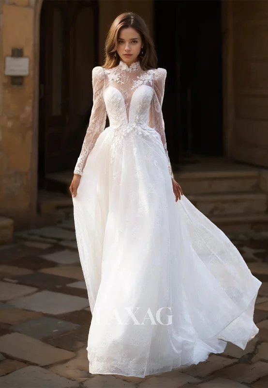 Deep V-Neck Long-Sleeves Bride Gowns Lace Floral Embellished Allover Lace A-Line Wedding Dress Deep V-Neck Long-Sleeves Bride Gowns Lace Floral Embellished Allover Lace A-Line Wedding Dress
