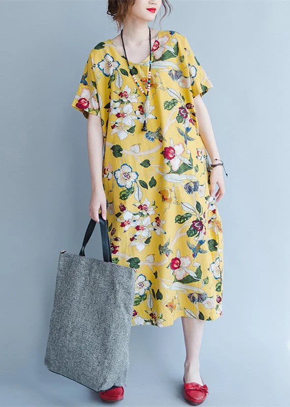 women yellow Midi linen dresses trendy plus size traveling clothing vintage back open floral cotton dresses women yellow Midi linen dresses trendy plus size traveling clothing vintage back open floral cotton dresses