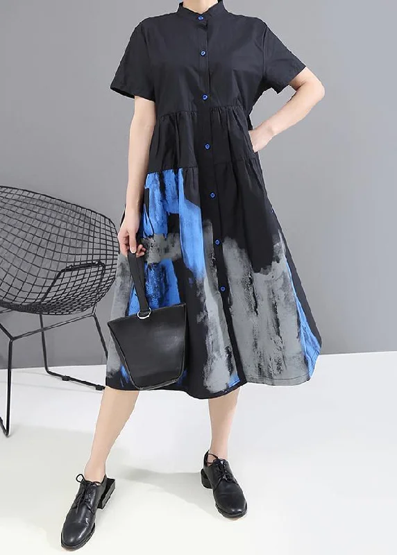 Woman Summer Black Vintage Shirt Lady Casual Midi Dress