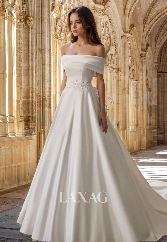 A-Line Tube Top Off-Shoulder Sleeveless Bride Gowns Off-Shoulder Applique Satin Wedding Dress A-Line Tube Top Off-Shoulder Sleeveless Bride Gowns Off-Shoulder Applique Satin Wedding Dress