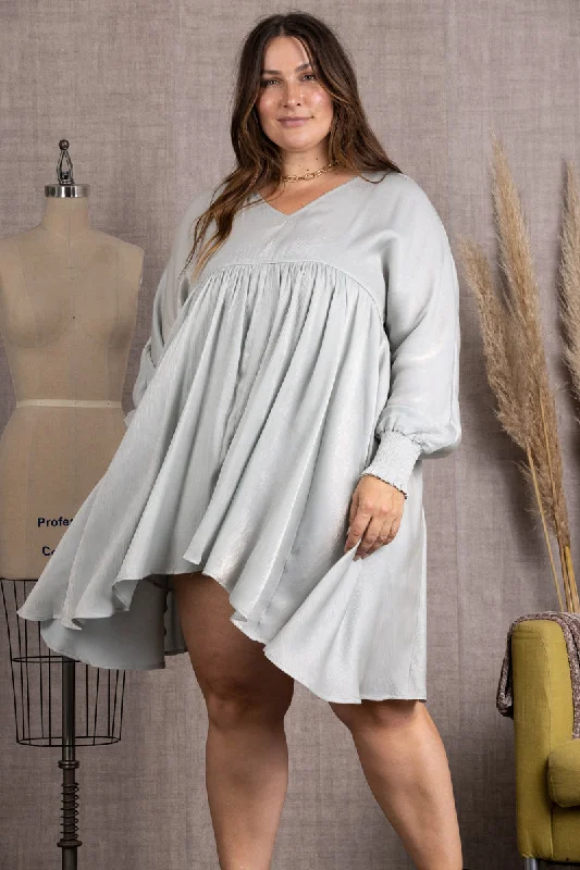 SHINY SILVER V-NECK LONG SLEEVES PLUS SIZE MIDI DRESS-CIDM2127B