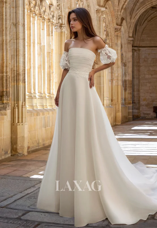 A-Line Tube Top Off-Shoulder Puff-Sleeves Pleated Applique Chiffon Wedding Dress with Sweep Train A-Line Tube Top Off-Shoulder Puff-Sleeves Pleated Applique Chiffon Wedding Dress with Sweep Train