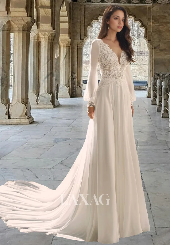Deep V-Neck Lace Applique Pleated Bride Gowns Long Sleeves Pleated Tulle A-Line Wedding Dress Deep V-Neck Lace Applique Pleated Bride Gowns Long Sleeves Pleated Tulle A-Line Wedding Dress