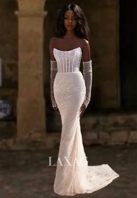 Scoop-Neck Sleeves Off-Shoulder Mermaid Wedding Dress Fully Beaded Sweep Train Bride Gowns Scoop-Neck Sleeves Off-Shoulder Mermaid Wedding Dress Fully Beaded Sweep Train Bride Gowns
