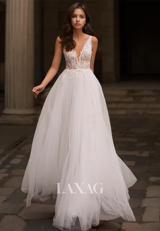 Deep V-Neck Sleeveless Applique A-Line Wedding Dress Spaghetti Straps Cutout Tulle Bride Gowns Deep V-Neck Sleeveless Applique A-Line Wedding Dress Spaghetti Straps Cutout Tulle Bride Gowns