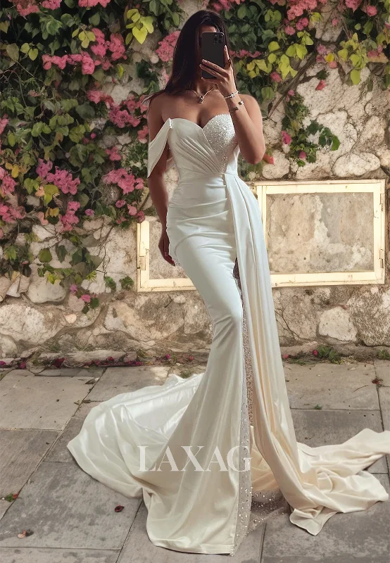 Ideas Off-Shoulder Pleated Satin Bride Gowns Sweetheart Sleeveless Wedding Dress with Beaded Ideas Off-Shoulder Pleated Satin Bride Gowns Sweetheart Sleeveless Wedding Dress with Beaded