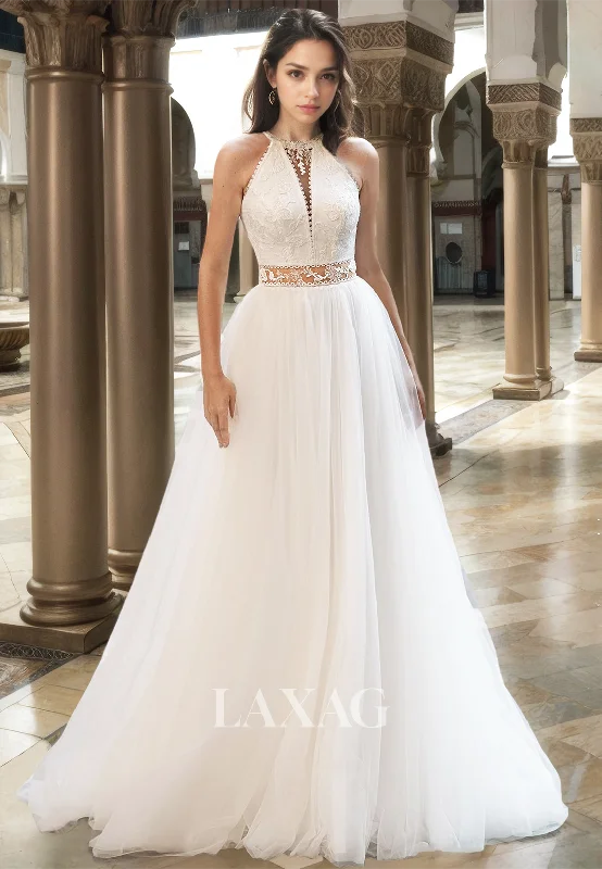 Halter Scoop-Neck Off-Shoulder Sleeveless A-Line Wedding Dress Lace Applique Pleated Tulle Bride Gowns Halter Scoop-Neck Off-Shoulder Sleeveless A-Line Wedding Dress Lace Applique Pleated Tulle Bride Gowns