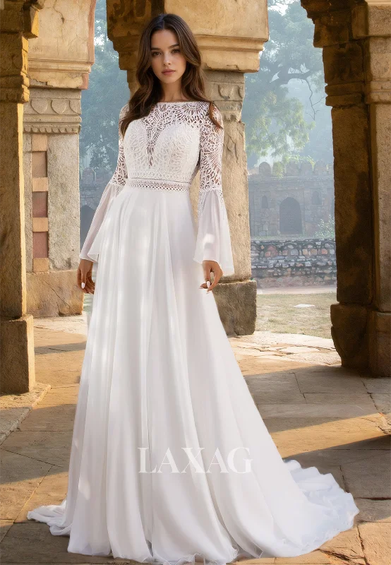 Scoop-Neck Long-Sleeves Chiffon Bride Gowns Lace Applique Pleated A-Line Wedding Dress with Train Scoop-Neck Long-Sleeves Chiffon Bride Gowns Lace Applique Pleated A-Line Wedding Dress with Train