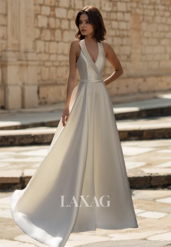 A-Line Halter V-Neck Off-Shoulder Wedding Dress Sleeveless Pleated Floor-Length Satin Bride Gowns A-Line Halter V-Neck Off-Shoulder Wedding Dress Sleeveless Pleated Floor-Length Satin Bride Gowns