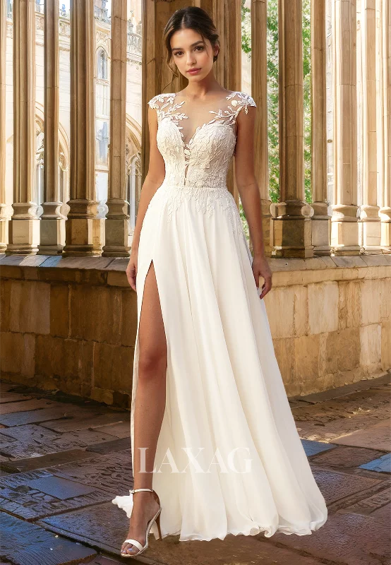 Foliage Motif Applique Sleeveless High Slit Bride Gowns Scoop-Neck Sleeveless Sheer A-Line Wedding Dress Foliage Motif Applique Sleeveless High Slit Bride Gowns Scoop-Neck Sleeveless Sheer A-Line Wedding Dress