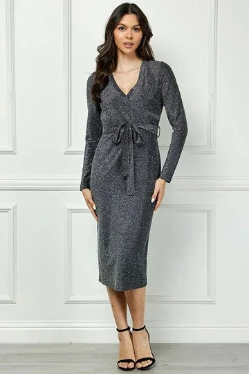 BLACK V-NECK LONG SLEEVES SELF-TIE WAIST MIDI DRESS AVD51163K