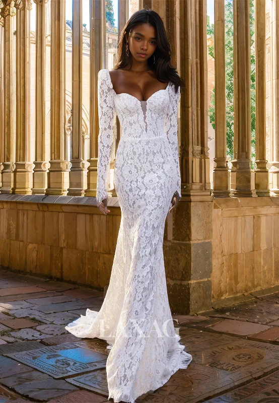 Allover Lace Applique Sweetheart Long- Sleeves Bride Gowns Cutout Sweep Train Mermaid Wedding Dress Allover Lace Applique Sweetheart Long- Sleeves Bride Gowns Cutout Sweep Train Mermaid Wedding Dress