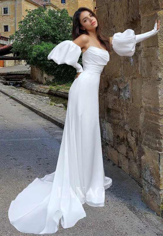 Tube Top Long-Puff-Sleeves Chiffon Mermaid Wedding Dress Off-Shoulder Pleated Bride Gowns Tube Top Long-Puff-Sleeves Chiffon Mermaid Wedding Dress Off-Shoulder Pleated Bride Gowns