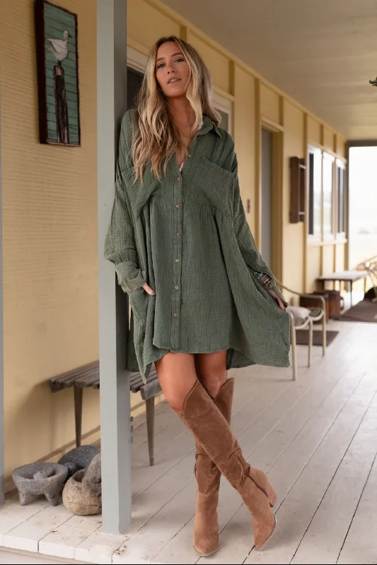 Marci Button Down Tunic Dress - Olive