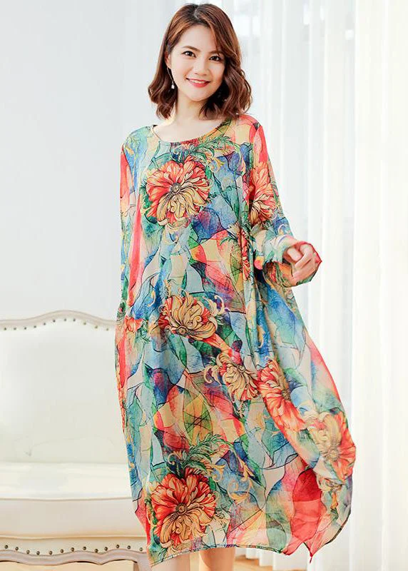 Women Floral Loose Polyester Split Vintage Midi Dress