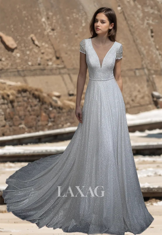 Deep V-Neck Short-Sleeves A-Line Wedding Dress Pleated Glitter-Knit Beaded Bride Gowns with Train Deep V-Neck Short-Sleeves A-Line Wedding Dress Pleated Glitter-Knit Beaded Bride Gowns with Train