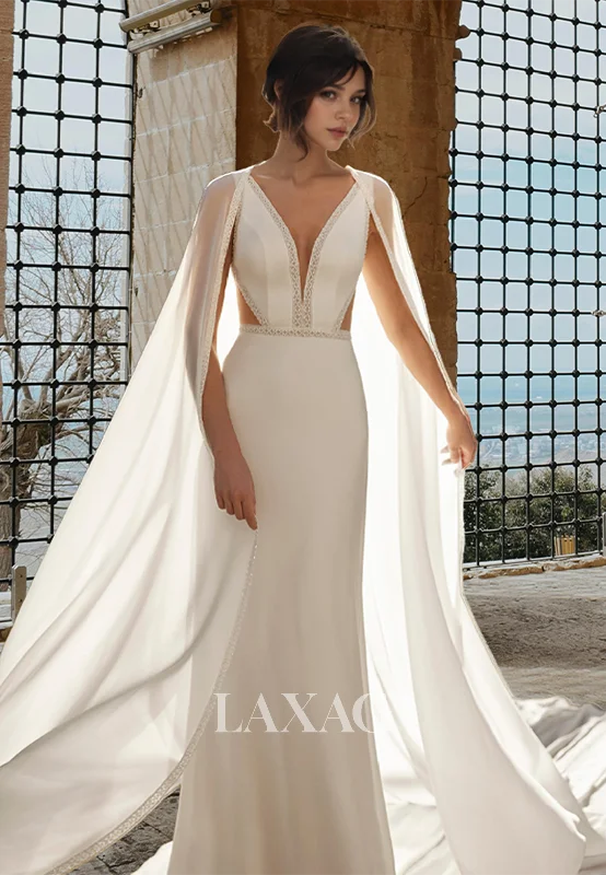Deep V-Neck Spaghetti Straps Beaded Satin Bride Gowns Sweep Train Mermaid Wedding Dress with Overlay Deep V-Neck Spaghetti Straps Beaded Satin Bride Gowns Sweep Train Mermaid Wedding Dress with Overlay