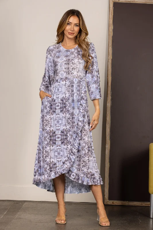 GREY PLEATED RUFFLED LONG SLEEVES MIDI DRESS VL5823A