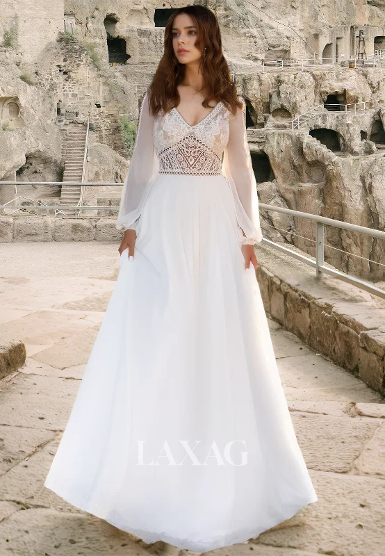 V-Neck Long-Sleeves A-Line Wedding Dress Pleated Cutout Lace Applique Chiffon Bride Gowns with Sweep Train V-Neck Long-Sleeves A-Line Wedding Dress Pleated Cutout Lace Applique Chiffon Bride Gowns with Sweep Train