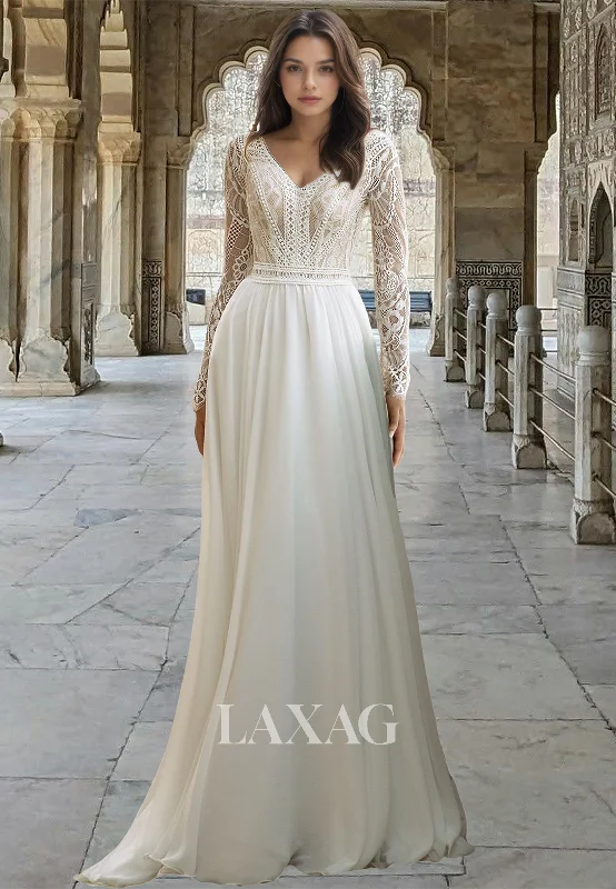 V-Neck Lace Long-Sleeves Pleated Cutout Chiffon A-Line Wedding Dress with Sweep Train V-Neck Lace Long-Sleeves Pleated Cutout Chiffon A-Line Wedding Dress with Sweep Train
