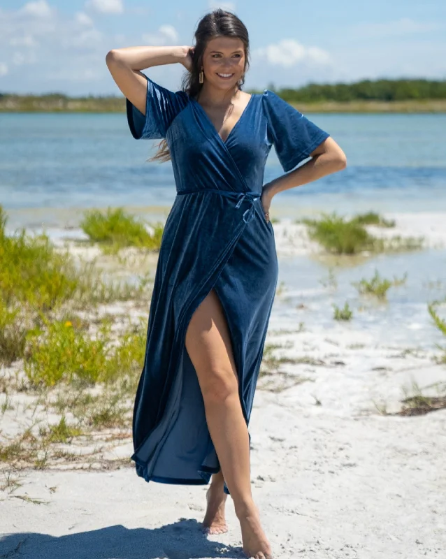 MEROKEETY V Neck Bell Sleeve Wrap Velvet Split Maxi Dress