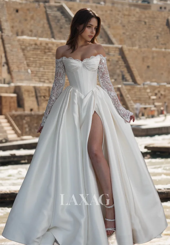 Sweetheart Lace Long-Sleeves Bride Gowns Off-Shoulder Pleated Satin A-Line Wedding Dress with High Slit Sweetheart Lace Long-Sleeves Bride Gowns Off-Shoulder Pleated Satin A-Line Wedding Dress with High Slit