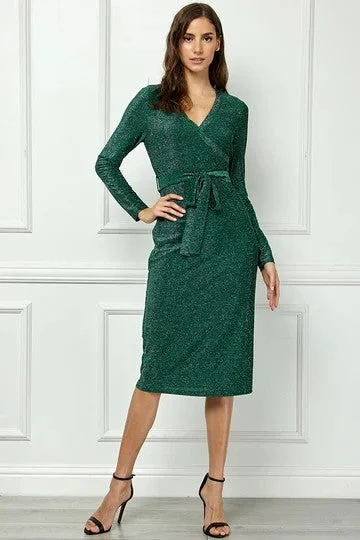 GREEN V-NECK LONG SLEEVES SELF-TIE WAIST MIDI DRESS AVD51163K
