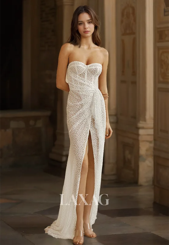 Sleeveless Off-Shoulder Sweetheart Fully Beaded Pleated High Slit Sweep Train Mermaid Wedding Dress