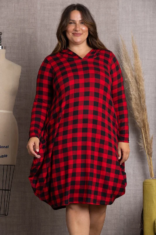 RED PLAID HOODIE LONG SLEEVES PLUS SIZE MIDI DRESS-4D2354-2