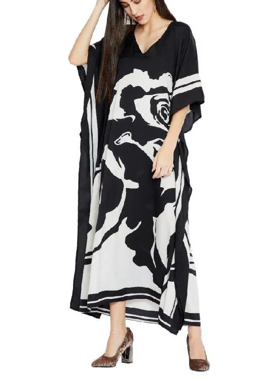 French Black White Floral Half Sleeve kimono robe Mid Chiffon Dress