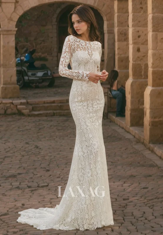 Bateau Ilusion Appique Lace Sweep Train Sheath&Column Boho Long Sleeves Wedding Dress Bateau Ilusion Appique Lace Sweep Train Sheath&Column Boho Long Sleeves Wedding Dress