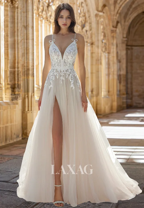 Deep V-Neck Spaghetti Straps Pleated Bride Gowns Sleeveless Applique Tulle A-Line Wedding Dress Deep V-Neck Spaghetti Straps Pleated Bride Gowns Sleeveless Applique Tulle A-Line Wedding Dress