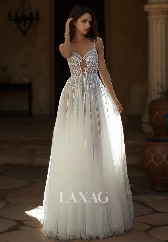 Spaghetti Straps Sweetheart Tulle Bride Gowns Sleeveless Beaded Pleated A-Line Wedding Dress Spaghetti Straps Sweetheart Tulle Bride Gowns Sleeveless Beaded Pleated A-Line Wedding Dress
