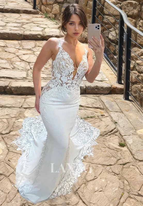 Sheath&Column V-Neck Spaghetti Straps Satin Lace Chapel Train Sleeveless Wedding Dress Sheath&Column V-Neck Spaghetti Straps Satin Lace Chapel Train Sleeveless Wedding Dress