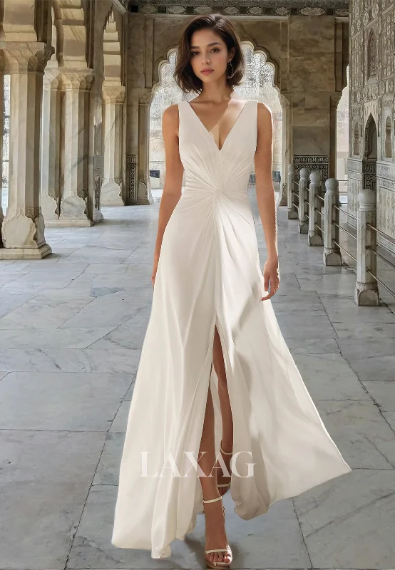 Off-Shoulder Deep V-Neck Straps Pleated Floor-Length Fitted Boho Wedding Dress with High Slit Off-Shoulder Deep V-Neck Straps Pleated Floor-Length Fitted Boho Wedding Dress with High Slit