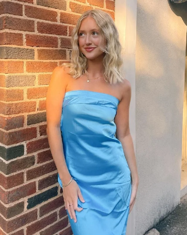 MEROKEETY Strapless Tube Bodycon Satin Backless Maxi Dress