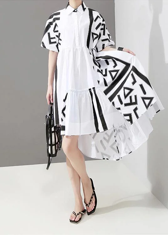 Geometric Printed Woman Summer Stylish White Midi Shirt Dress