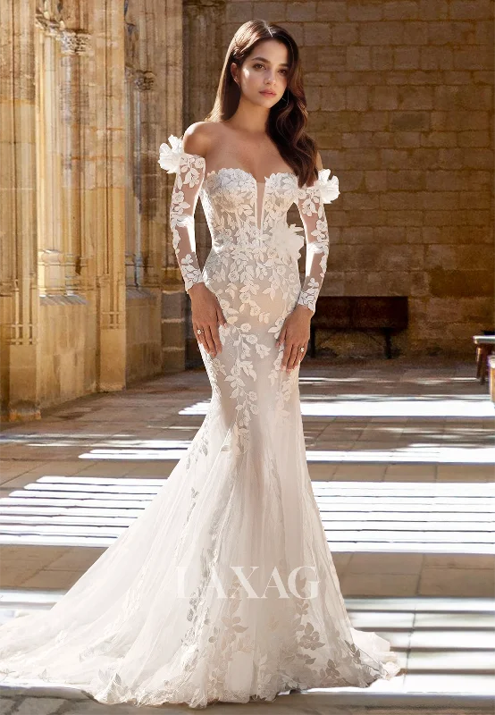 Sweetheart Long-Sleeves Beaded Floral Embossed Applique Tulle Mermaid Wedding Dress with Train Sweetheart Long-Sleeves Beaded Floral Embossed Applique Tulle Mermaid Wedding Dress with Train