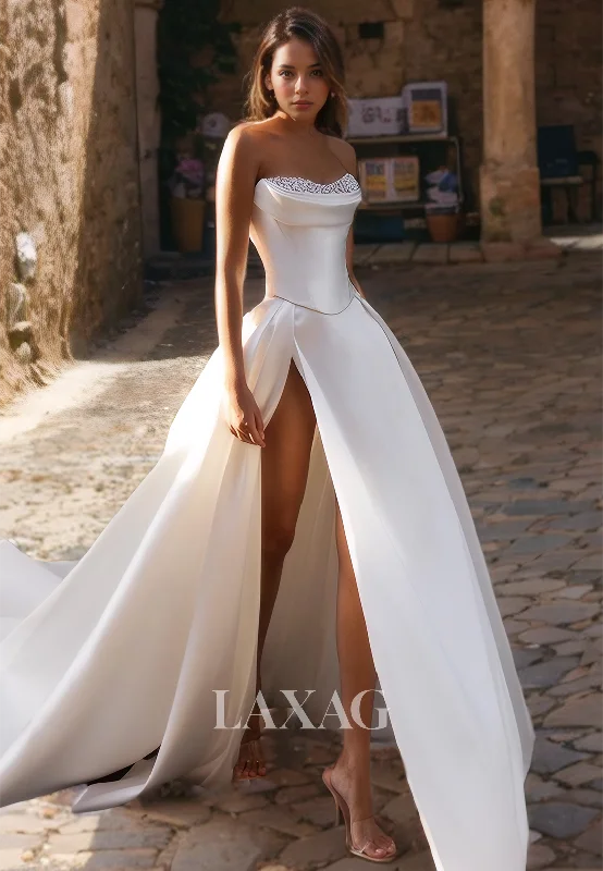 A-Line Strapless Beaded High Slit Sleek Satin Elegant Wedding Dress with Train